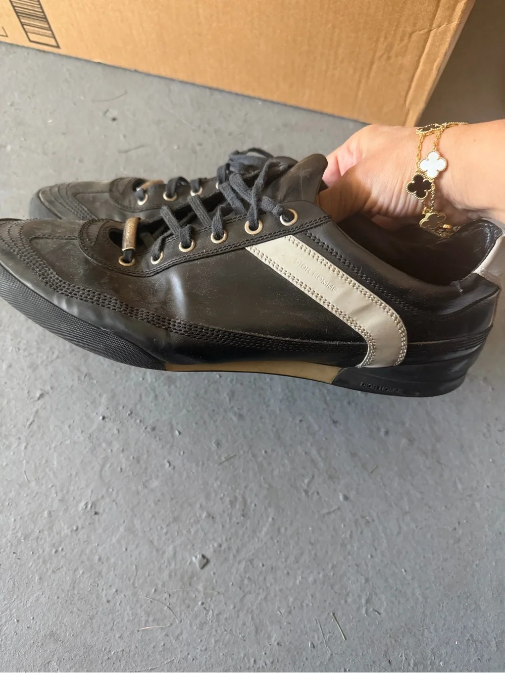 Christian Dior  Black Leather Lace-Up Sneakers with grey strip Size 12